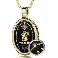 Virgo Necklace Zodiac Pendant for Birthdays 23rd August to 22nd September February with Star Sign Constellation and Personality Characteristics Inscribed in 24k Gold on Black Onyx Gemstone, 18