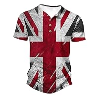 Men's Tie Dye Henley Shirts Britain Flag Print Button V Neck T-Shirts Summe Short Sleeve Casual Patriotic Tops