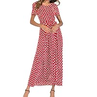Women's Summer Floral Print V Neck Dress Casual Bohemian Flowy Long Maxi Dresses Fashion Polka Dot Swing Long Dress