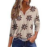 Plus Size 3/4 Sleeve Tops Floral Tops for Women Bohemian Casual Trendy Pretty Loose Fit with 3/4 Length Sleeve Henry Collar Shirts Khaki XX-Large