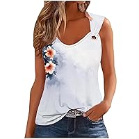 Womens Crew Neck O Ring Shoulder Tank Tops Cute Floral Print Sleeveless Tee Shirt Loose Fit Running Athletic Shirts