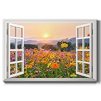 Renditions Gallery Flowers Wall Art Window View of Orange Wildflowes during Sunset Canvas Wall Hanging Prints for Bedroom Living Room Office Decor - 18