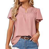 JASAMBAC Women's Summer Dressy Casual Blouses Loose Business Work Tops V Neck Short Sleeve Pleated Flowy T Shirts Blouses
