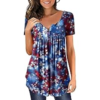 4Th of July Top, Women's Casual Fashion Plus Size Independence Day Printed Short Sleeve Button V-Neck Pullover Top