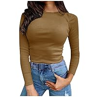 Women's Fall Ribbed Basic Sexy Bodycon Tee Shirts Crew Neck Slim Fitted Tops Casual Long Sleeve T-Shirts