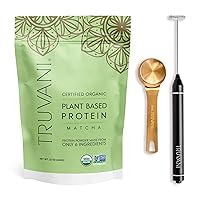 Truvani Vegan Matcha Protein Powder with Frother & Scoop Bundle - 20g of Organic Plant Based Protein Powder - Includes Portable Mini Electric Whisk & Durable Protein Powder Scoop