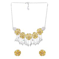 Bollywood Western Handmade Adjustable Flower White & Yellow Beads Choker Beads Fabric Necklace Set for Women/Girls