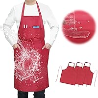 3 Pcs Dual Waterproof Oilproof Kitchen Chef Aprons with 4 Pockets for Men Women, Adjustable Soft Anti-Tear Cooking Bib Apron for Baking Grilling BBQ Painting Cleaning (Red)