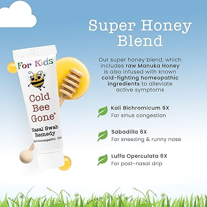 Cold Bee Gone for Kids Nasal Swab Cold and Flu Symptom Remedy w/Manuka Honey - 70+ Doses - All Natural for Kids