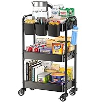 YASONIC 3 Tier Rolling Cart - Metal Utility Cart with 3 Hanging Cups & 4 Hooks, 66LBS Capacity, Mesh Rolling Storage Cart Organizer, Easy Assembly, Rolling Carts with Wheels for Kitchen Office