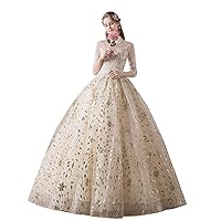 Muslim Half Sleeve High Neck Lace Up Ball Gown Princess Champagne Vintage Wedding Dress