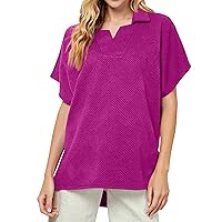 Women's Short Sleeve Blouses, Textured Lapel Casual Loose Top Summer Tops 2024 Graphic Tees Trendy, S XXXL
