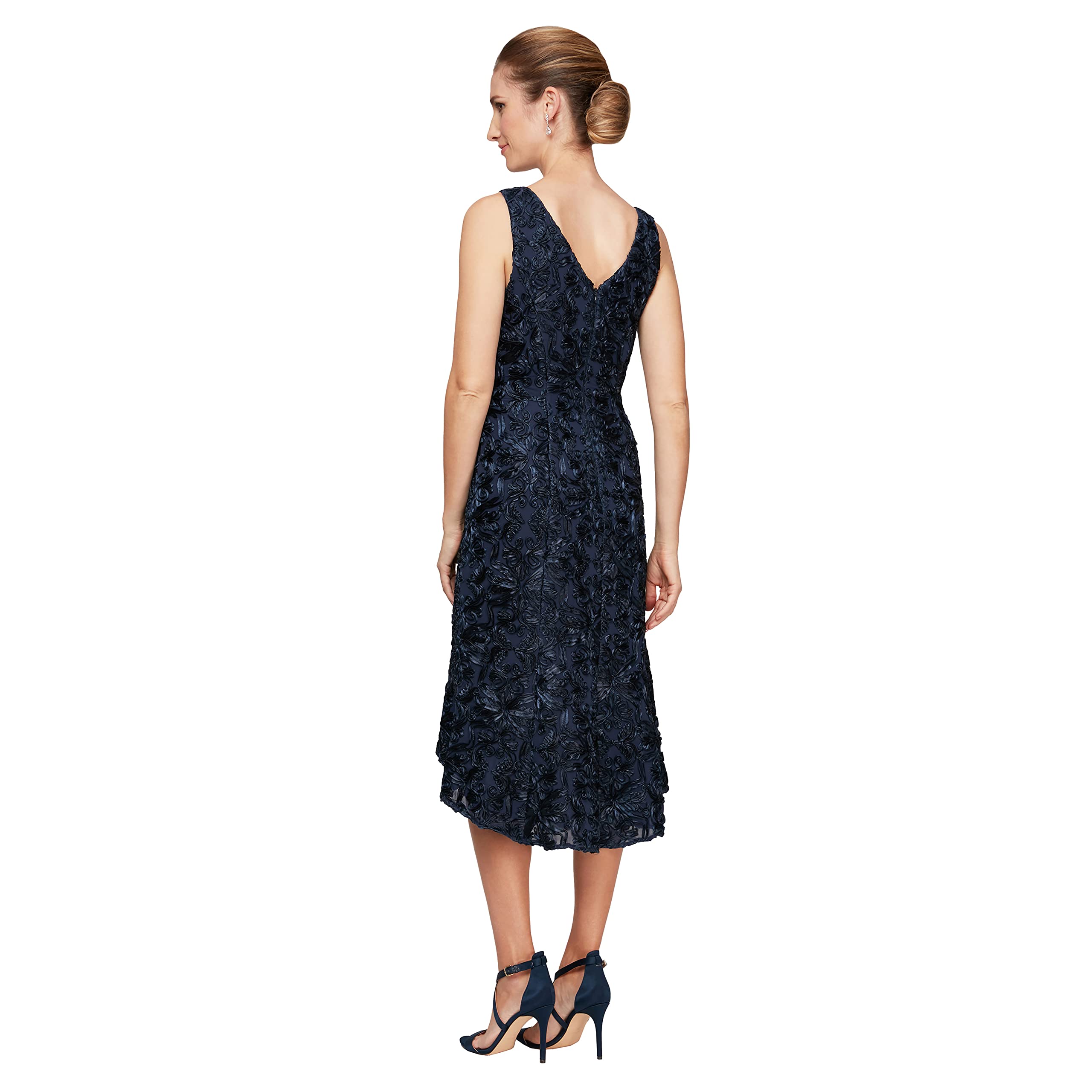 Alex Evenings Women's Tea Length Dress with Rosette Detail