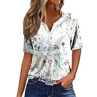 Womens Cute Graphic Short Sleeve T Shirts Geometric Floral Print Tunic Tops Fashion Trendy Clothes Blouse