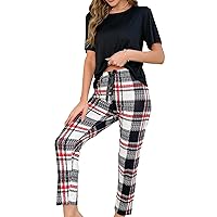 Floerns Women's 2 Piece Sleepwear Tee Shirt and Plaid Print Pants Pajama Set