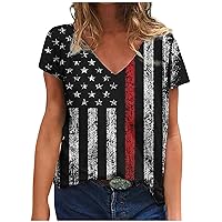 Firzero American Flag Tops for Women Summer Trendy Short Sleeve Shirts Independence Day V Neck T Shirts Blouses Loose Tunics
