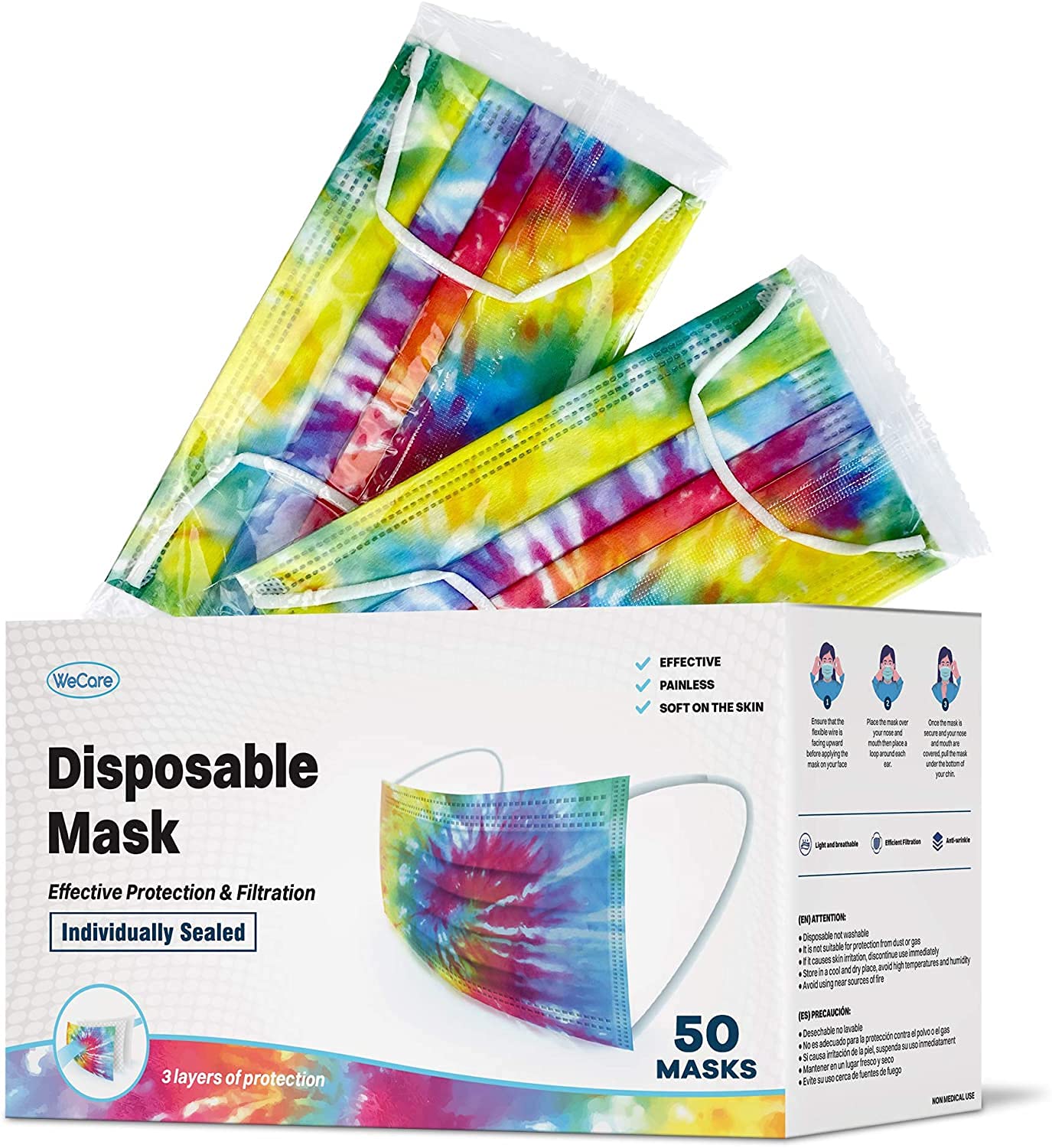WECARE Disposable Face Mask Individually Wrapped - 50 Pack, Colored Face Masks