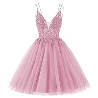 V Neck Tulle Prom Dresses Short Teens Homecoming Dresses Lace Cocktail Party Dress with Beaded Appliques