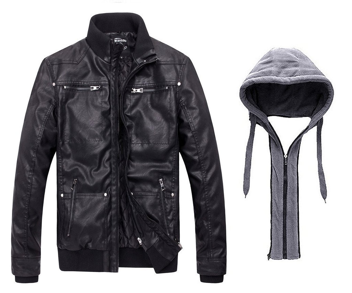 Wantdo Men's Faux Leather Jacket with Removable Hood Motorcycle Jacket Casual Warm Winter Coat