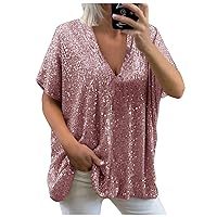 Women's Tops and Blouses Short Sleeve V Neck Glitter Sequins Loose Blouse Tops Blouses for Fashion 2023