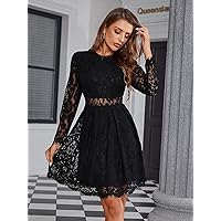 Dresses for Women - Lace Overlay -line Dress (Color : Black, Size : Small)
