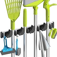 Mop Broom Holder Wall Mount Metal Pantry Organization and Storage Garden Kitchen Tool Organizer Wall Hanger for Home Goods (4 Positions with 4 Hooks, Black)