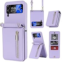 Zipper Phone Wallet Case for Samsung Galaxy Z Flip 4 5G with Credit Card Holder,Leather Crossbody and Wrist Strap,Kickstand (Purple)