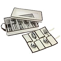 Household Essentials Flatware Storage Chest with Separate Serving Utensil Pouch | Natural Canvas with Brown Trim