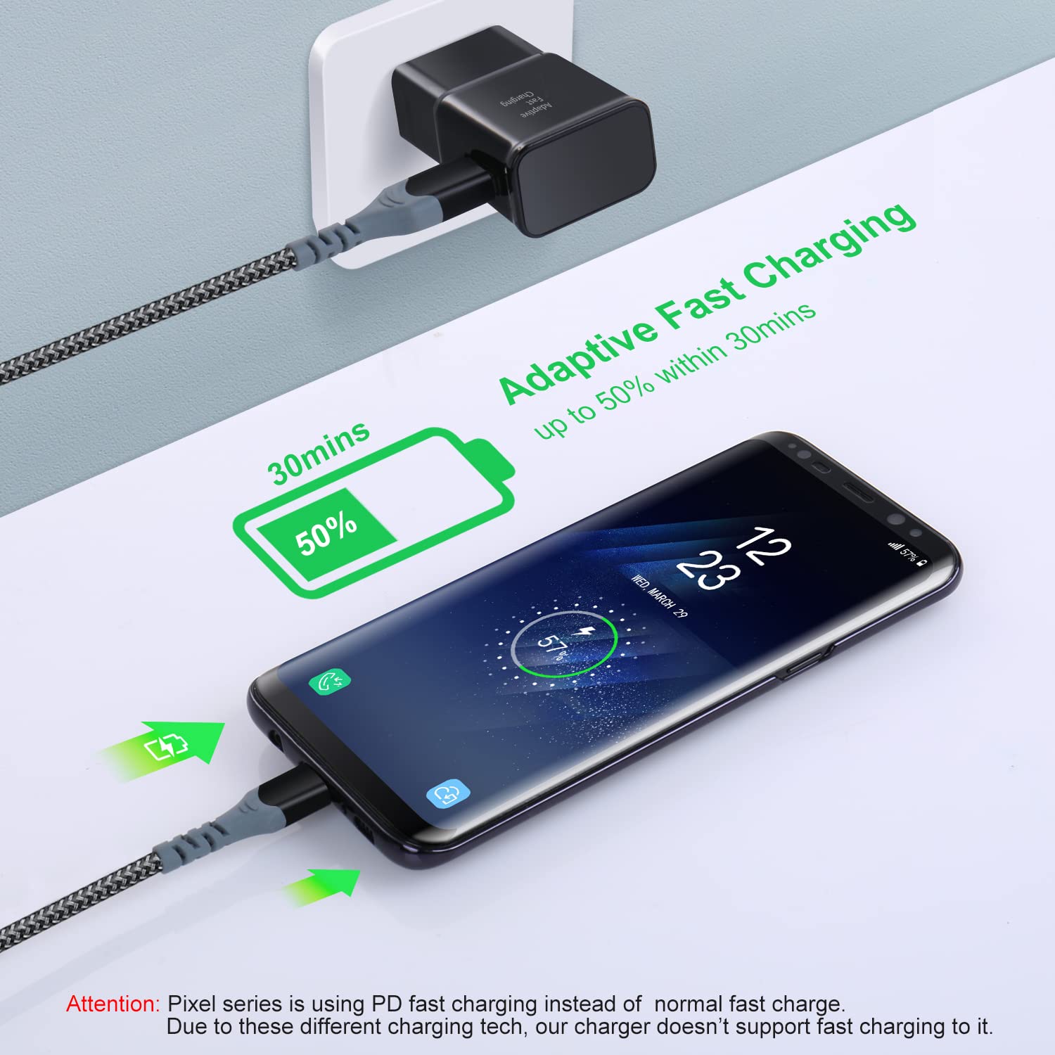 Adaptive Fast Charging Wall Charger with USB C Cable 10Ft, Excgood Fast Charger Power Adapter USB Type C Cable Fast Charging Compatible with Samsung Galaxy S23 S22 S21 S8 S9 S10 A13 A14 A03s-Black
