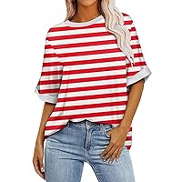 Women Oversized T-Shirt Summer Casual Short Sleeve Loose Tee Tops Fashion Round Neck Color Block Print Tunic Blouse