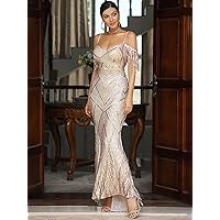 Women's Dress Cold Shoulder Fringe Trim Mermaid Hem Sequin Formal Dress Beahala (Color : Champagne, Size : Medium)