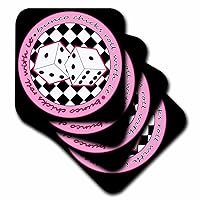 3dRose Janna Salak Designs Bunco Chicks Roll with it Pink and Black Coaster, Soft, Set of 8
