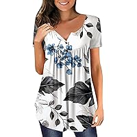 Plus Size Tops for Women,Smocked V Neck Puff Short Sleeve Modern Fit Crop Tops Chain Trendy Irregular Floral Top