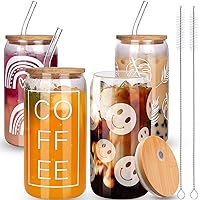 Beer Can Glass with Lids: Bamboo Lids and Straws are Included - 16oz Iced Coffee Cups 4 Set