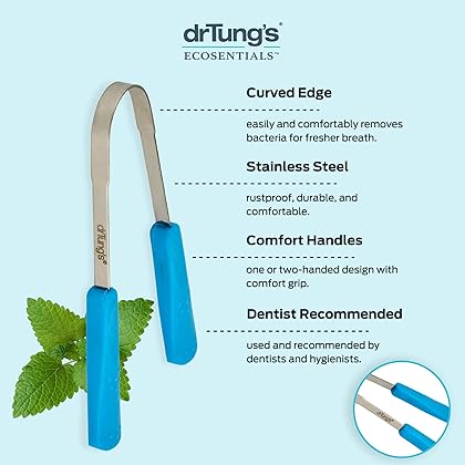 DrTung’s Stainless Tongue Scraper - Tongue Cleaner for Adults, Kids, Helps Freshens Breath, Easy to Use Comfort Grip Handle, Comes with Fabric Travel Pouch - Stainless Steel Tongue Scrapers, (1 Count)