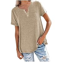 2023 Women Button V-Neck T-Shirts with Pocket Summer Fashion Short Sleeve Blouses Solid Casual Loose Fit Tunic Tops
