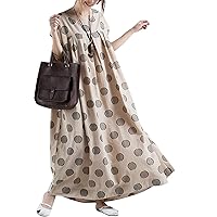 Flygo Women's Summer Loose Crew Neck Polka Dot Cotton Linen Pleated Long Midi Dress