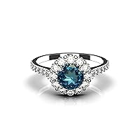 Natural Blue Topaz And Diamond Engagement Ring For Women And Girls / 14k Gold Blue Topaz Ring