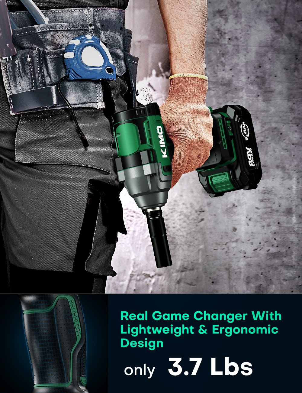 KIMO Cordless Impact Wrench, 3000 RPM, 1/2 Impact Gun with 3.0Ah Li-ion Battery, 7 Drive Impact Sockets, 3 Inch Extension Bar, 1 Hour Fast Charger,1/2 Impact Driver w/Max Torque 260 ft-lbs (350N.m)