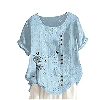 Flash Deals of The Day Old Lady Clothes Womens Linen Short Sleeve Shirts Babydoll Cotton Linen Flowy Tshirt Women Linen Blouse lintico Linen Tops Womens Tshirts Cotton Loose fit Cotton
