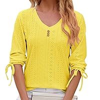 Women's Eyelet Embroidery Puff Sleeve Tops Summer Spring Fashion Clothes Y2K Clothing Oversized V Neck Blouse Shirt