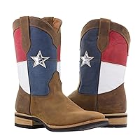 Mens Brown Leather Cowboy Boots Texas Flag Rodeo Wear Square Toe