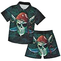 visesunny Toddler Boys 2 Piece Outfit Button Down Shirt and Short Sets Pirate Skull Boy Summer Outfits