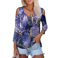 Cold Shoulder Tops for Women 2024 Print Casual Sexy Fashion Loose with Short Sleeve V Neck Summer Shirts