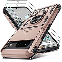RMOCR for Google Pixel 8 Case with Screen Protector,Heavy Duty Shockproof Full Body Protective Phone Cover,Built in Slide Camera Lens Cover+Finger Ring Stable Kickstand,Rose Gold