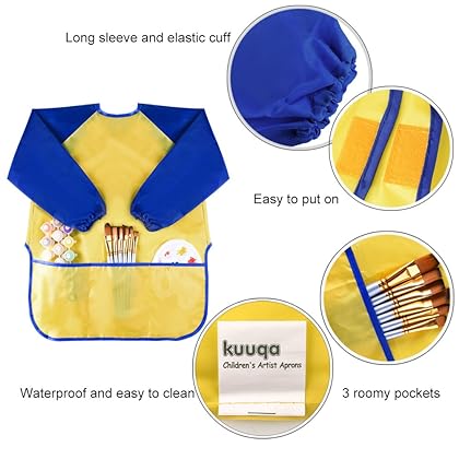 KUUQA Childrens Kids Toddler Waterproof Play Apron Art Smock with 3 Roomy Pockets - Painting, Baking, Feeding Smock (Paints and Brushes not included)
