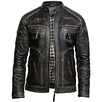 Mens Genuine Leather Biker Jacket Vintage Retro (BLACK, XL)