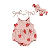 Engofs Newborn Baby Girl Summer Clothes Sleeveless Romper Bodysuit with Headband Boho Outfits (B4 Pink Strawberry, 18-24 Months)