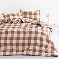Wake In Cloud - Plaid Comforter Set, Burnt Orange and White Buffalo Check Gingham Checker Geometric Modern Pattern Printed, Soft Microfiber Bedding (3pcs, King Size)