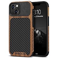 TENDLIN Compatible with iPhone 13 Case Wood Grain with Carbon Fiber Texture Design Leather Hybrid Case Compatible for iPhone 13 6.1-inch Released in 2021 Black